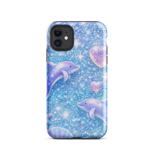 Phone Case featuring ocean glitter design with dolphins, moons, and shells for iPhone.