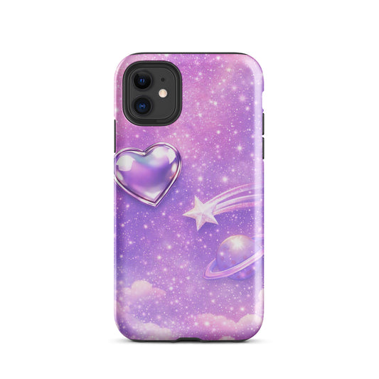 Phone Case for iPhone with Cosmic Heart, Shooting Star, and Celestial Design in Pink and Purple