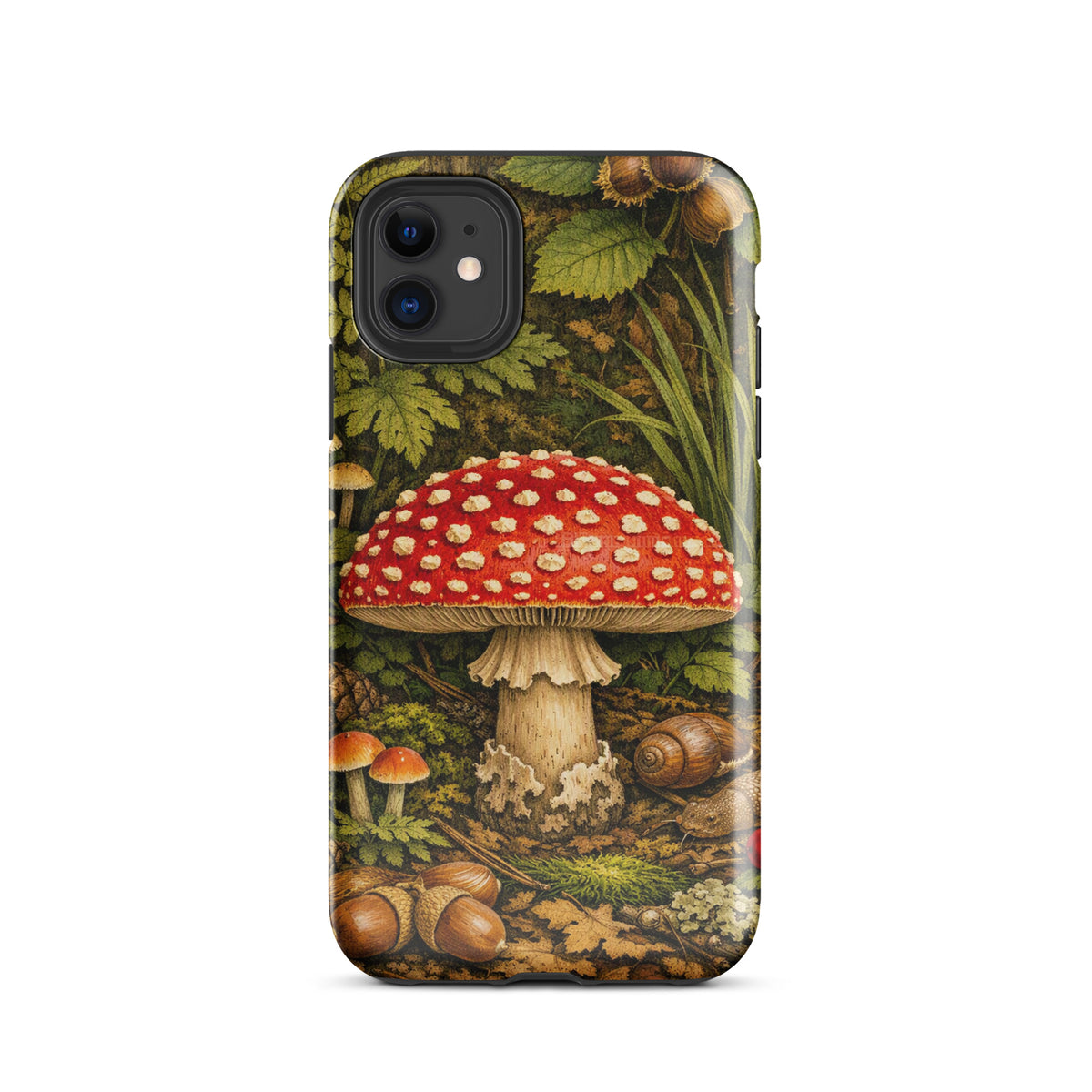 Phone Case for iPhone featuring vivid Amanita muscaria mushroom design in lush forest setting, highlighting anatomical details.