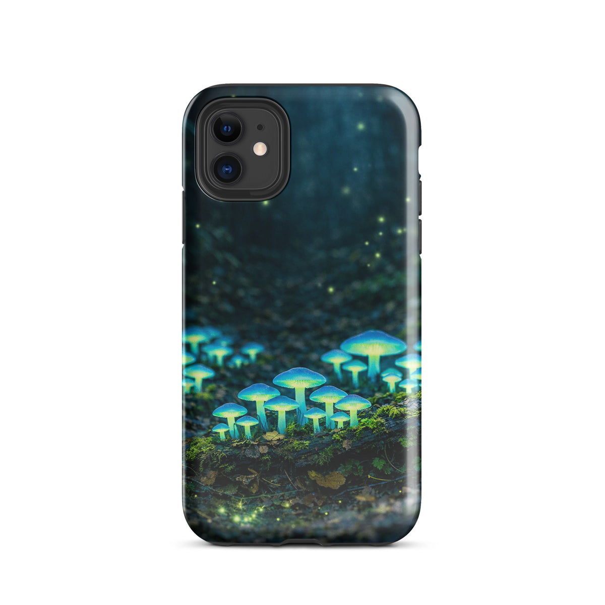 Phone Case featuring glowing forest mushrooms design for iPhone. Mystical bioluminescent mushroom scene on protective cover.