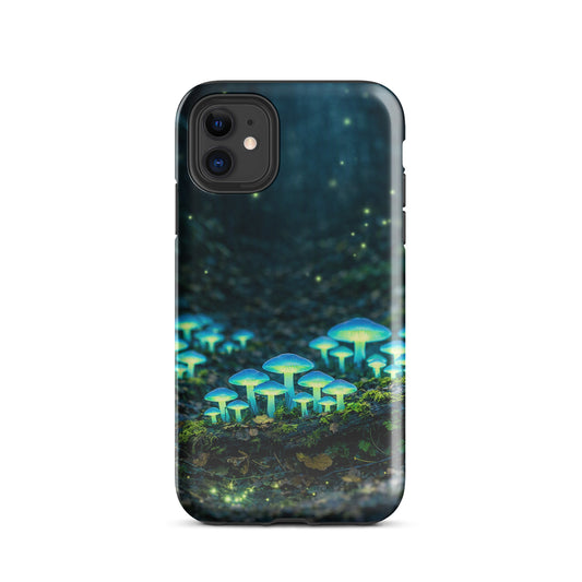 Phone Case featuring glowing forest mushrooms design for iPhone. Mystical bioluminescent mushroom scene on protective cover.