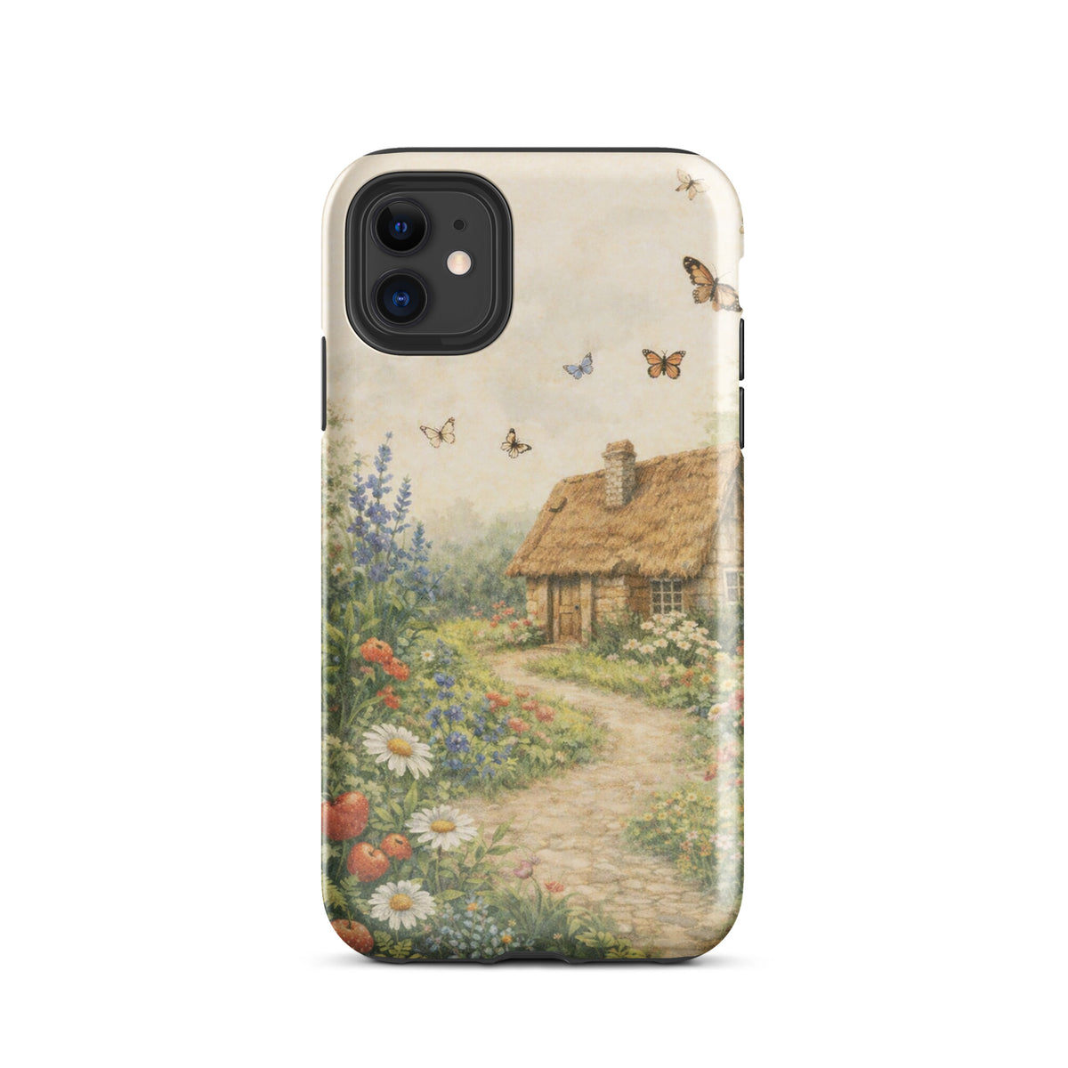 Phone Case for iPhone with cottage garden art featuring stone cottage, daisies, poppies, lavender, and strawberries on cream background.