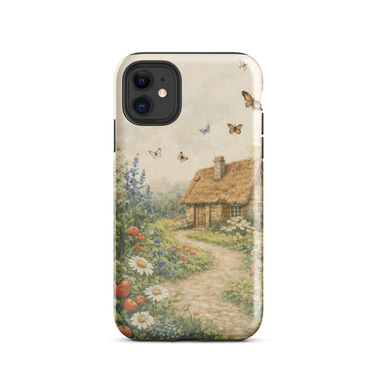 Phone Case for iPhone with cottage garden art featuring stone cottage, daisies, poppies, lavender, and strawberries on cream background.