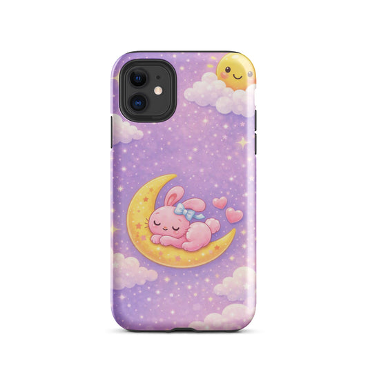 Phone Case for iPhone with cute bunny on moon design, pastel colors, celestial theme.