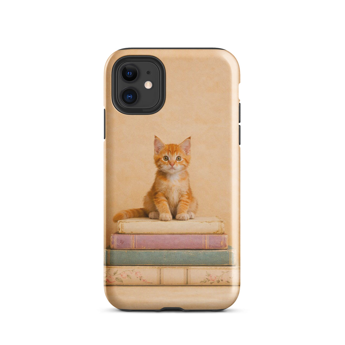 Phone Case for iPhone with cozy kitten and vintage books design, featuring an orange tabby cat on pastel books, perfect for cat lovers.