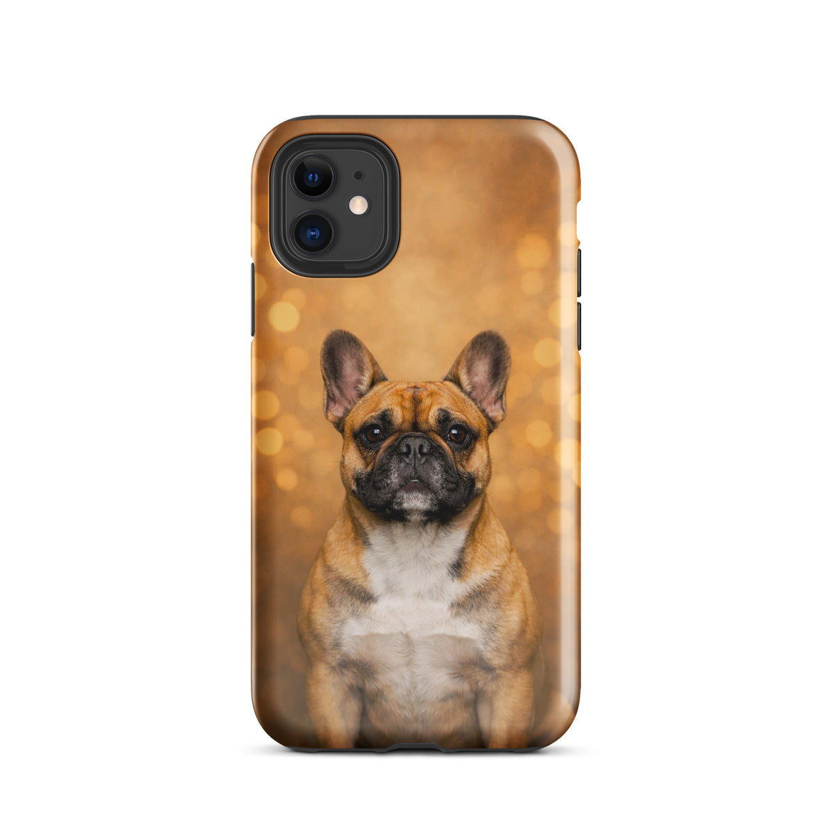 Phone Case for iPhone featuring a French Bulldog portrait with golden bokeh background, Warm Glow Edition.