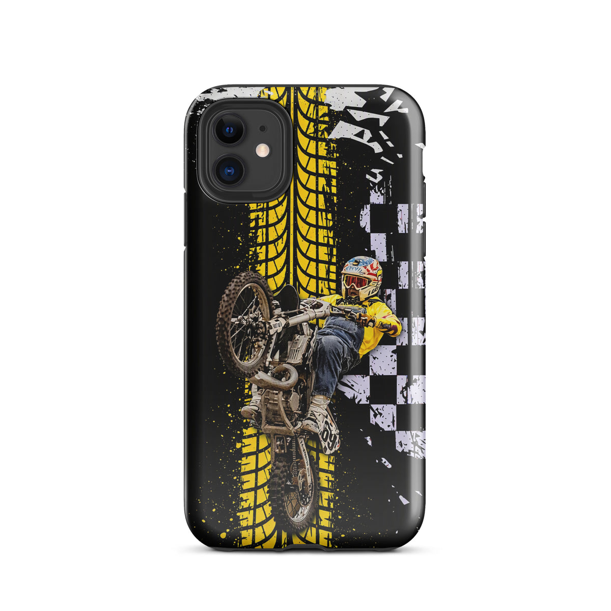 Phone Case for iPhone with Ronnie Mac air-wheelie design, bold motocross theme in black, white, yellow, checkerboard pattern.