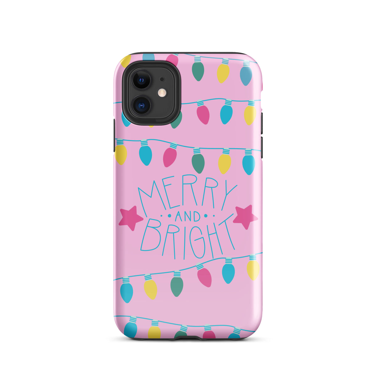 Phone Case with Merry and Bright design featuring holiday lights on a pink background.