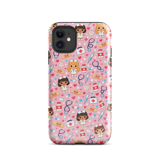 Phone Case for iPhone with kawaii nurse medical pattern on pink background