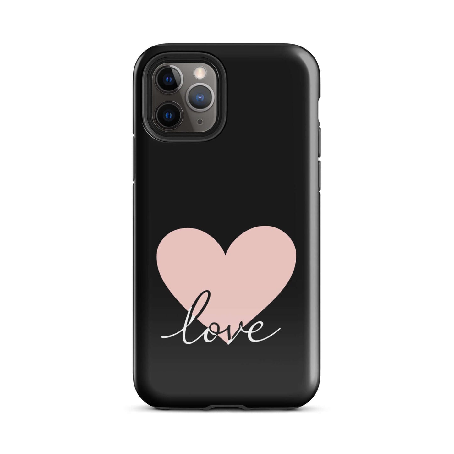 Phone Case for iPhone featuring a pink heart and script 'love' design on a black background.