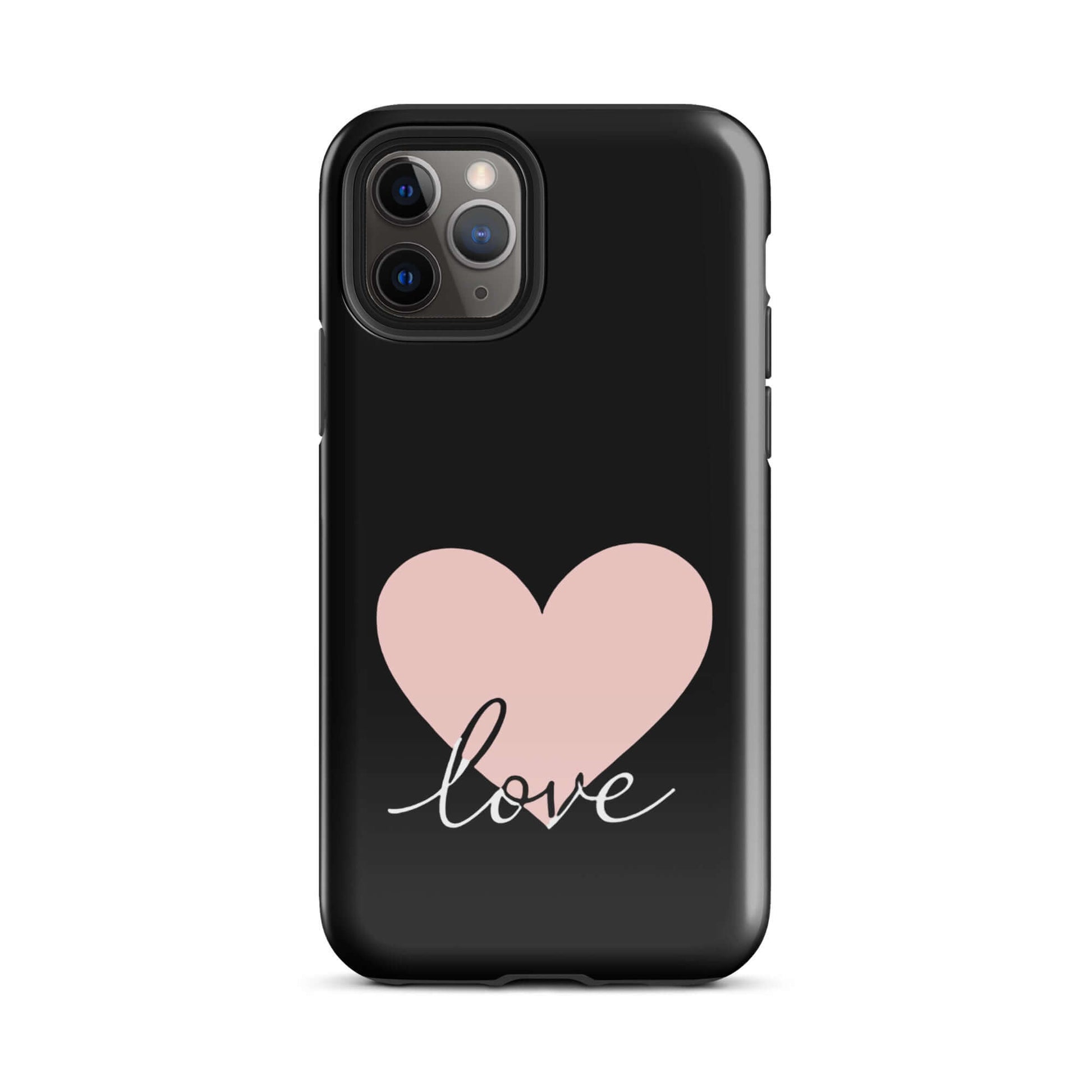 Phone Case for iPhone featuring a pink heart and script 'love' design on a black background.