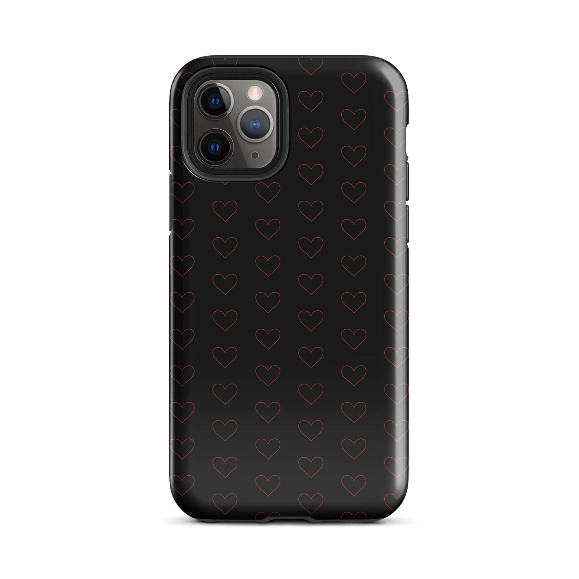 Phone Case for iPhone with a luxe crimson heart pattern on a sleek black background.