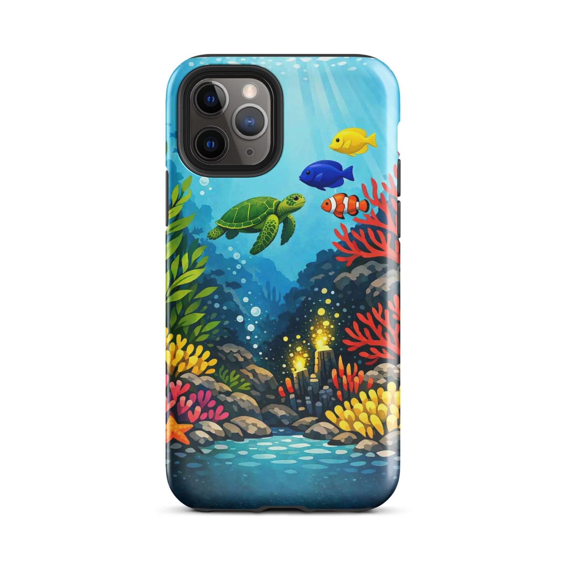 Phone case for iPhone featuring vibrant sea turtle and coral reef design, perfect for marine life lovers.