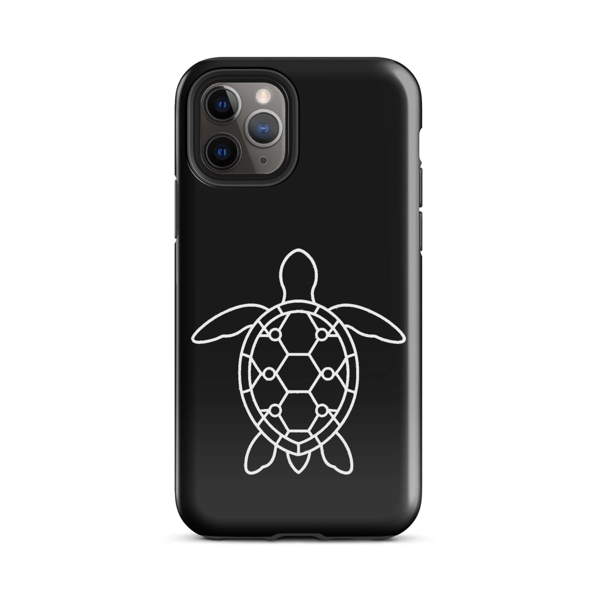Phone case featuring a minimalist sea turtle silhouette design on a sleek black background.
