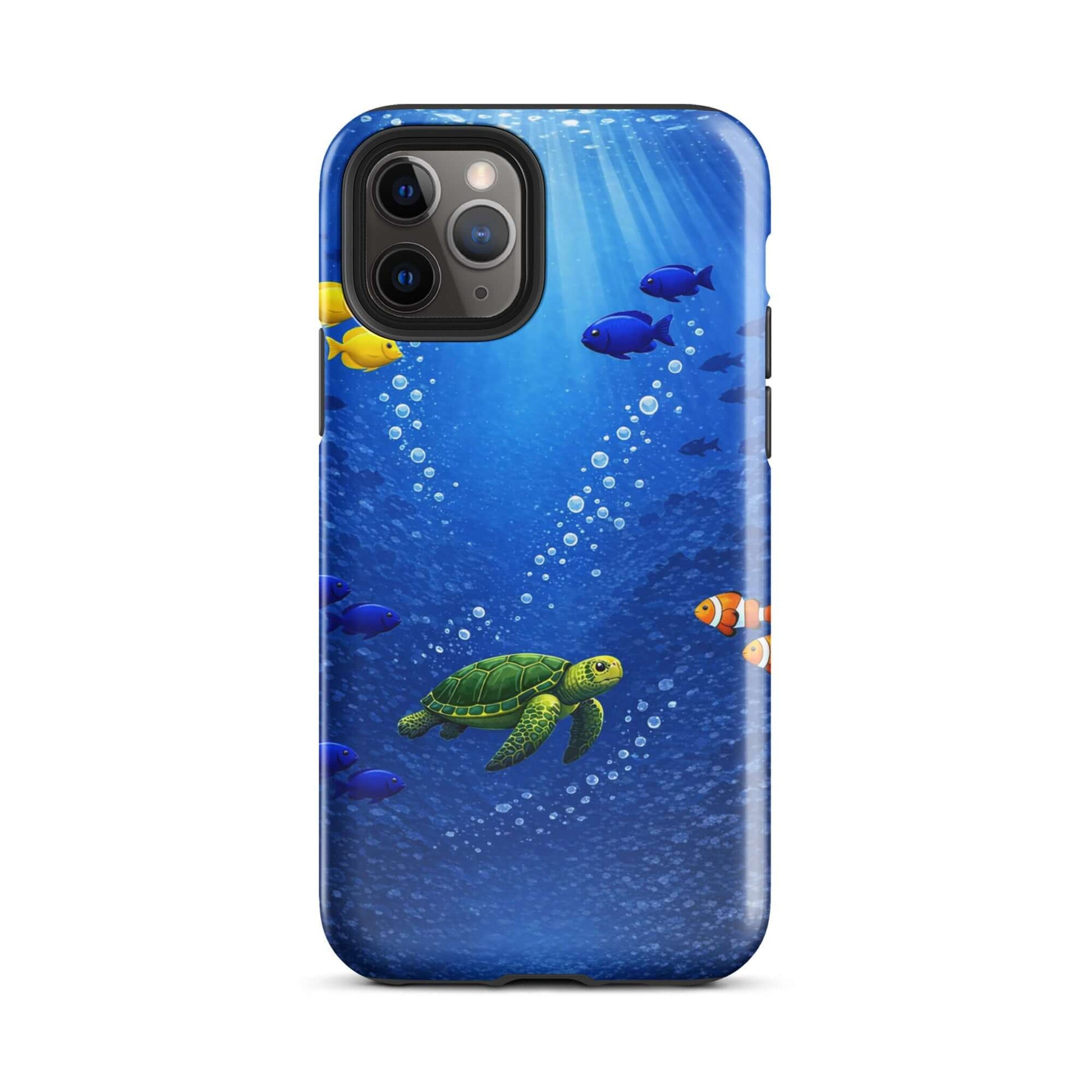 Phone Case for iPhone featuring a sea turtle and tropical fish in vibrant blue ocean design