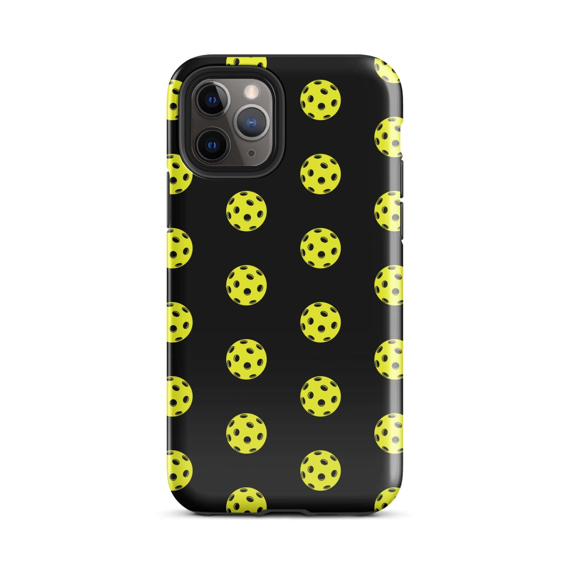 Phone Case with yellow pickleball pattern on a black background for sporty style.