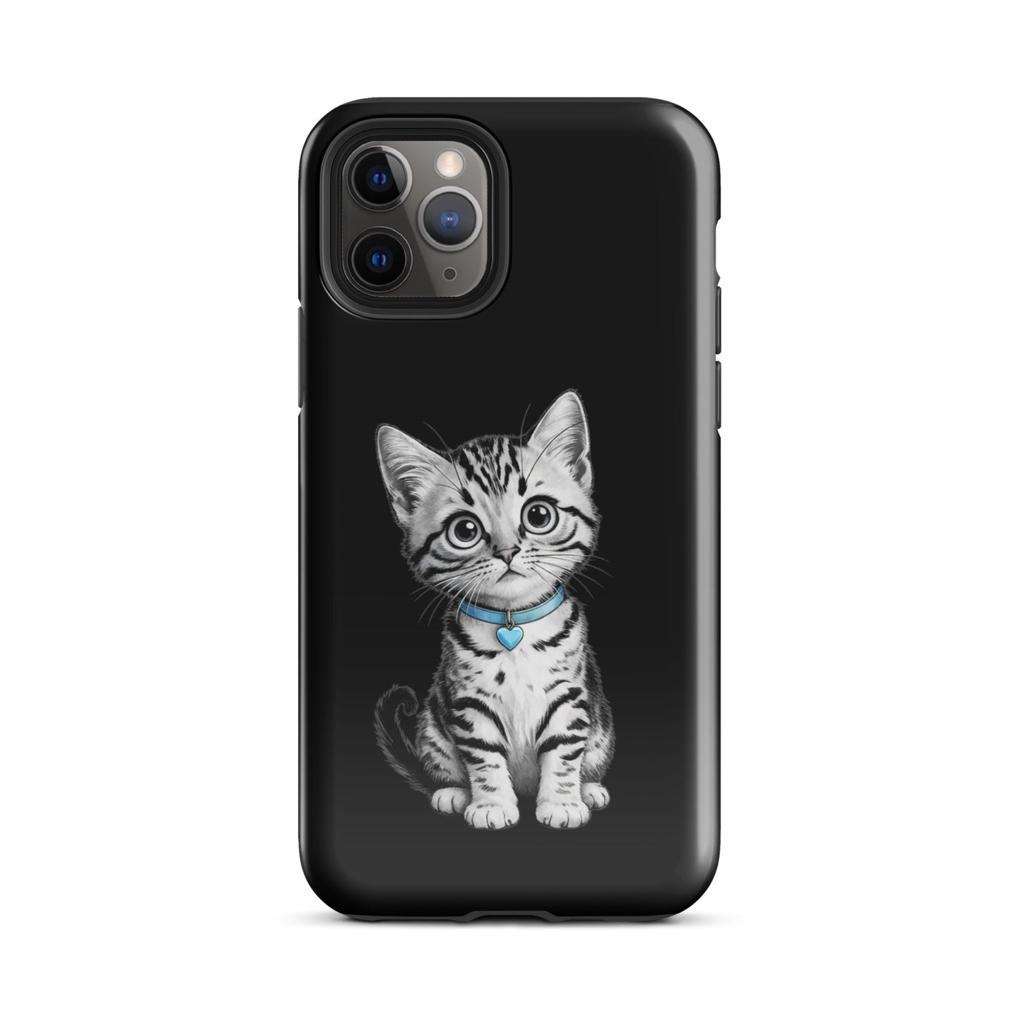 Phone Case for iPhone featuring kitten sketch with blue heart charm on black background.