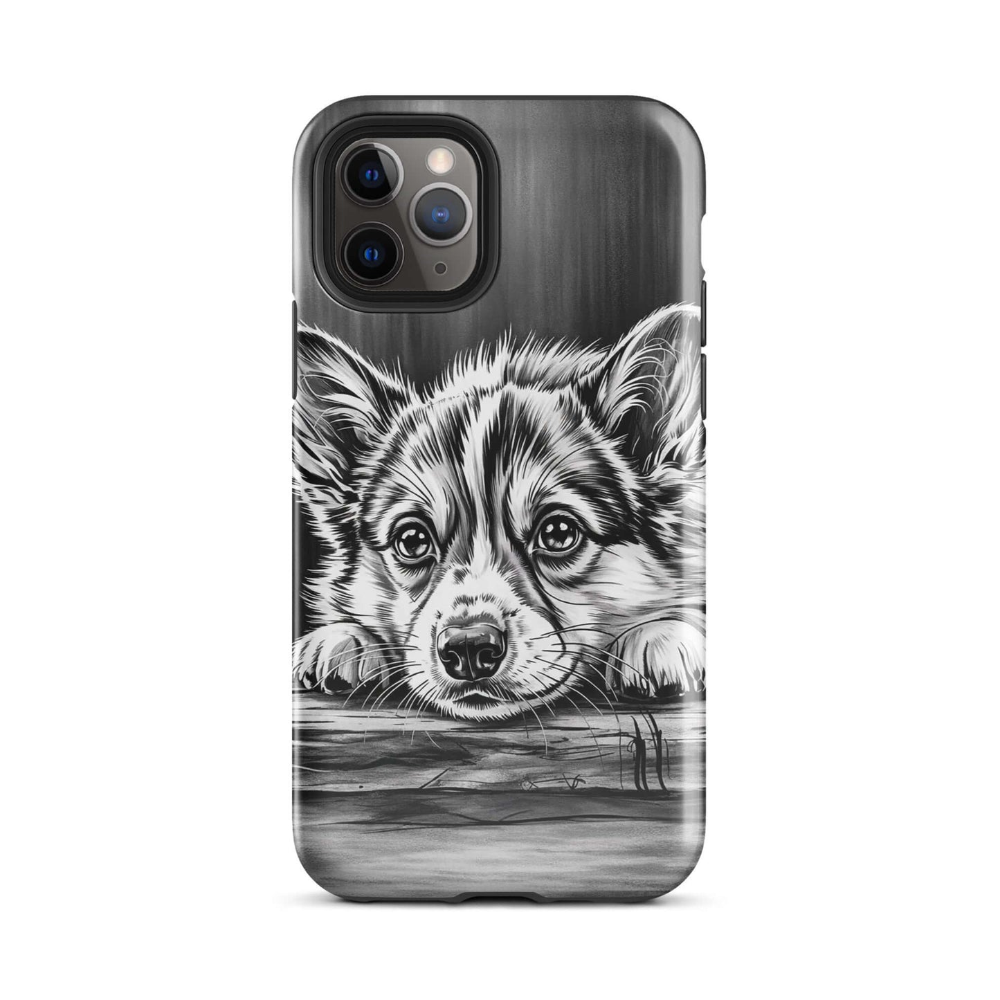 Phone Case for iPhone featuring elegant black and white puppy art on aged wood background, offering luxury and protection.