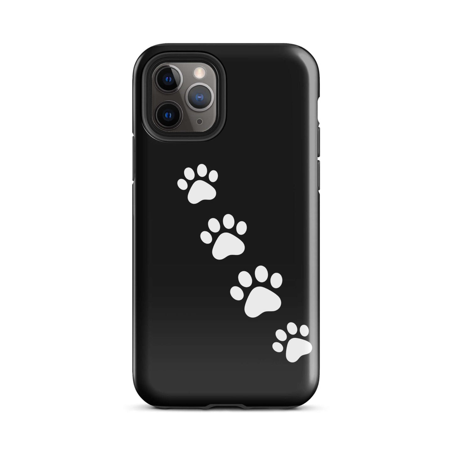 Phone case with playful white paw-print trail design on a sleek black background, perfect for pet lovers and iPhone protection.