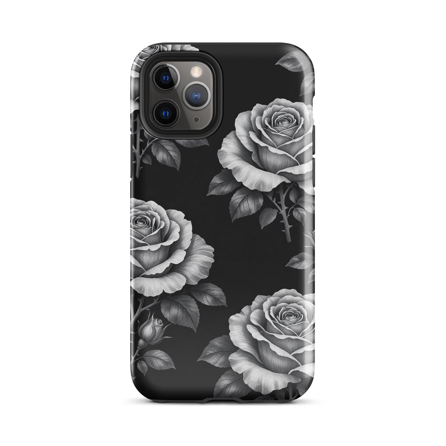 Phone Case for iPhone featuring a rose garden design with hand-sketched roses on a black background in a tough case style.