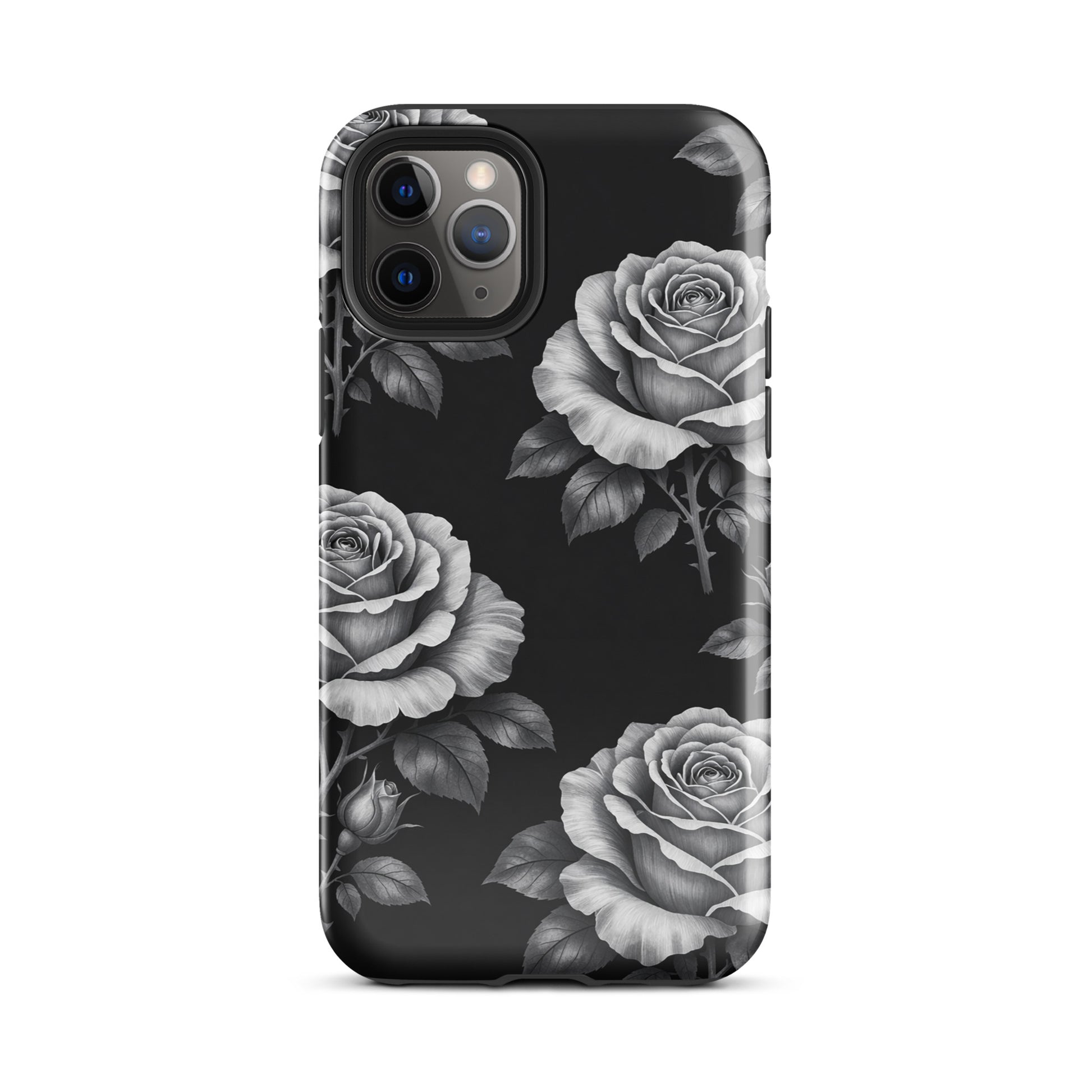 Phone Case for iPhone featuring a rose garden design with hand-sketched roses on a black background in a tough case style.