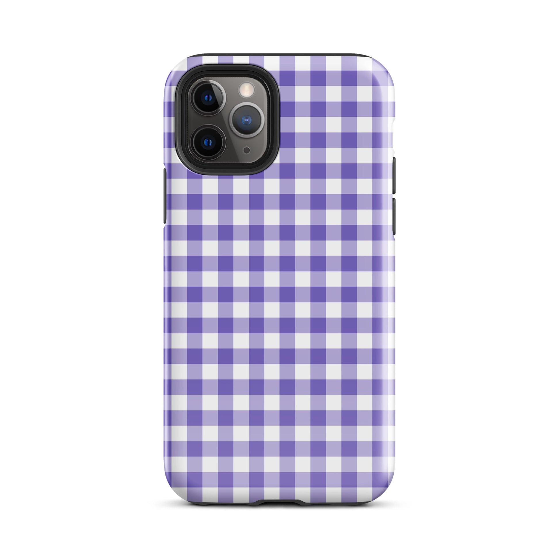Phone Case with purple-and-white gingham pattern for iPhone, offering stylish charm and robust protection.