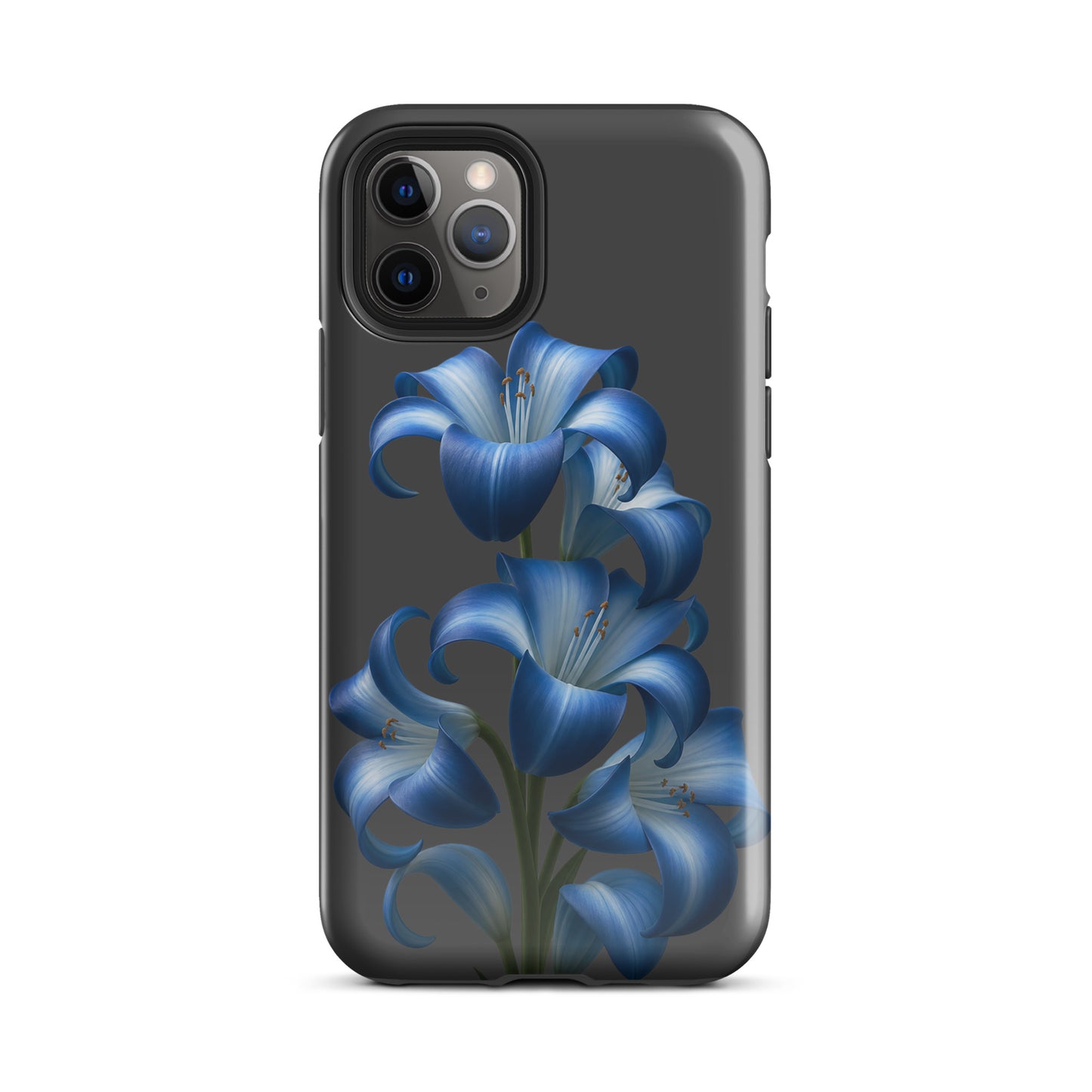 Phone Case featuring blue lily bloom art on a tough dark backdrop for iPhone