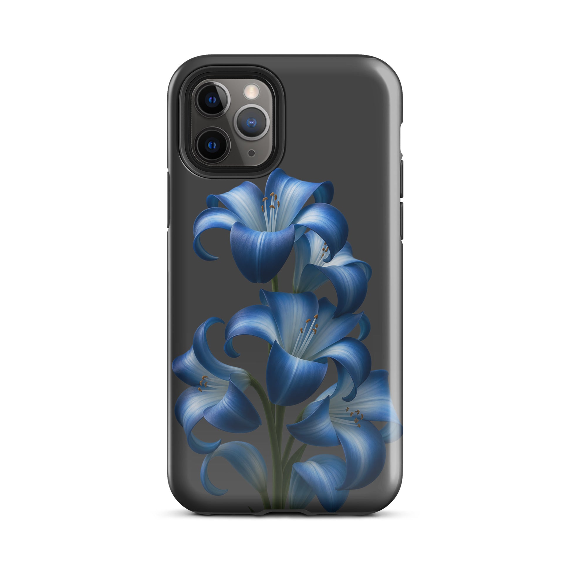 Phone Case featuring blue lily bloom art on a tough dark backdrop for iPhone