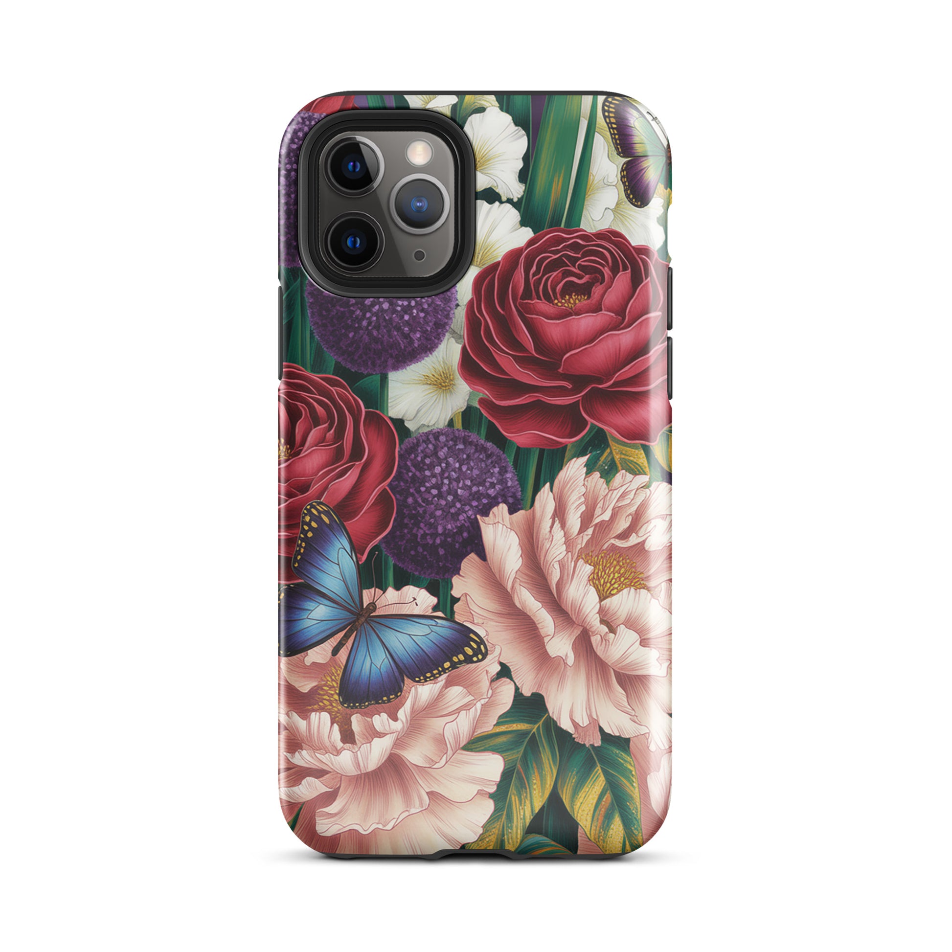 Phone Case for iPhone with floral garden design featuring crimson roses, blush peonies, purple alliums, and a blue butterfly.