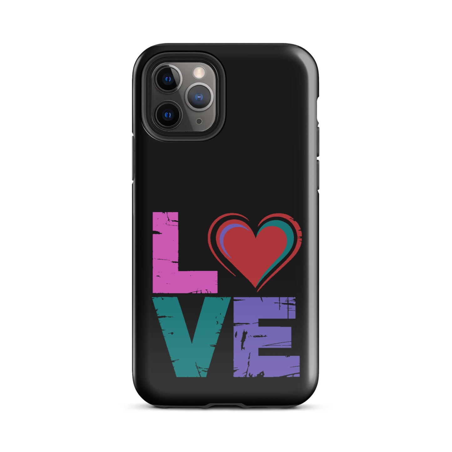 Love Dual Layer Tough Case for iPhones with colorful love design featuring a heart as the letter "o."