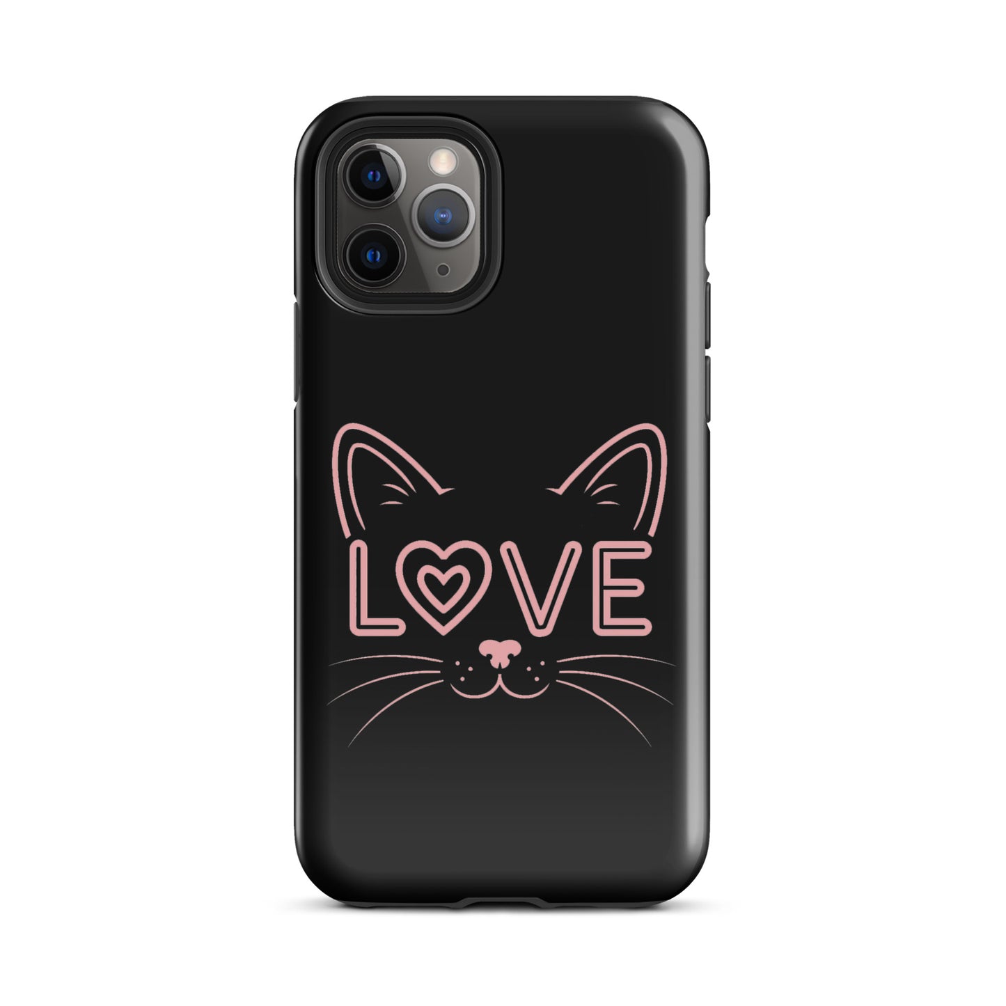 Cat Love iPhone case with minimalist cat face design and 'love' text in pink.