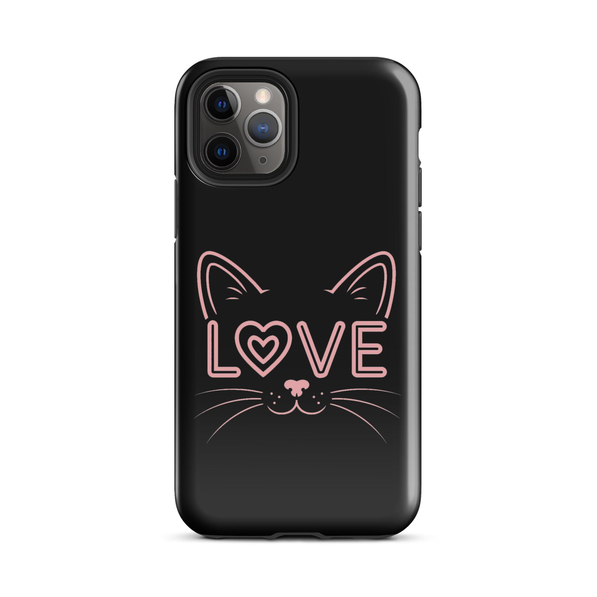 Cat Love iPhone case with minimalist cat face design and 'love' text in pink.