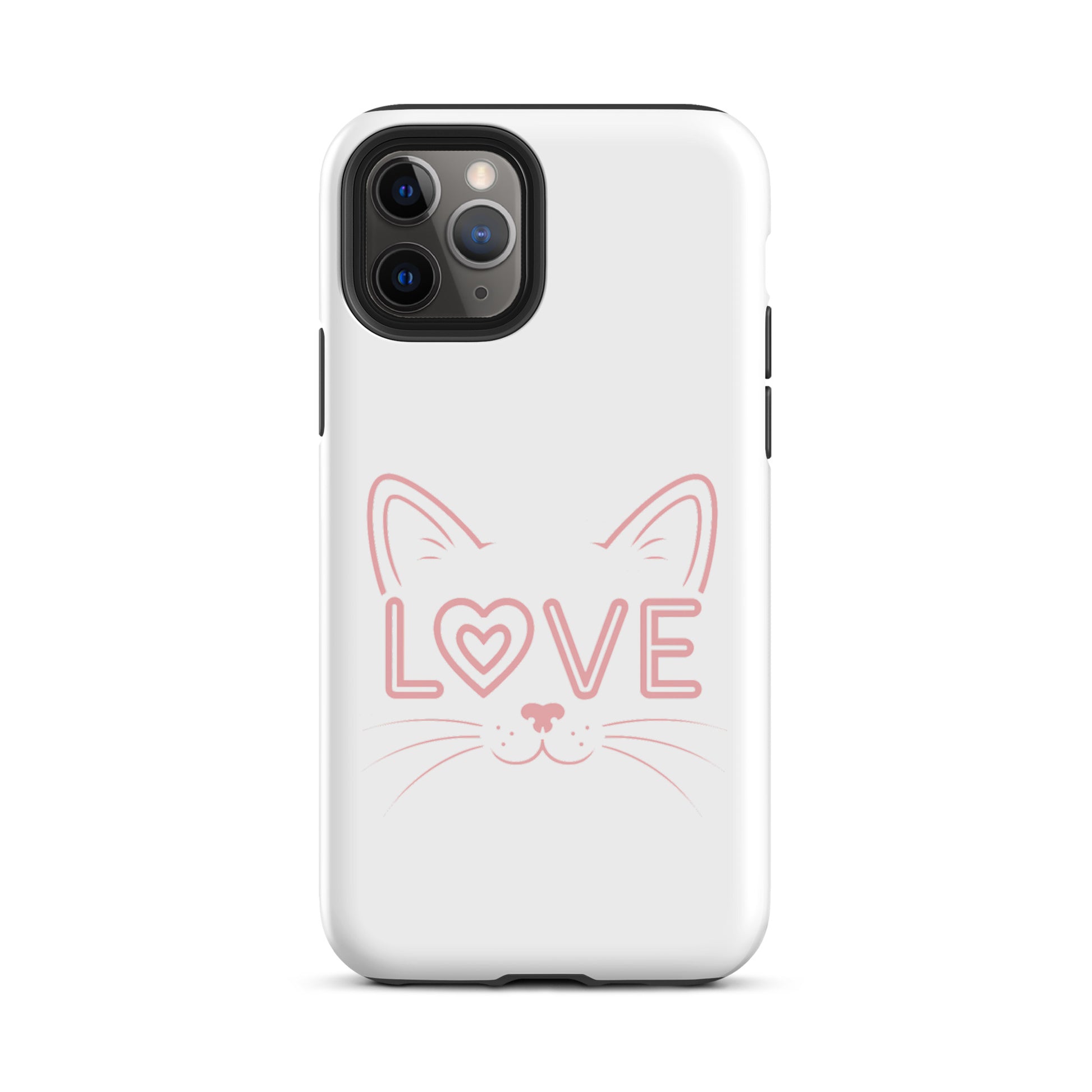 Cat Love phone case for iPhone with minimalist cat face and love text design
