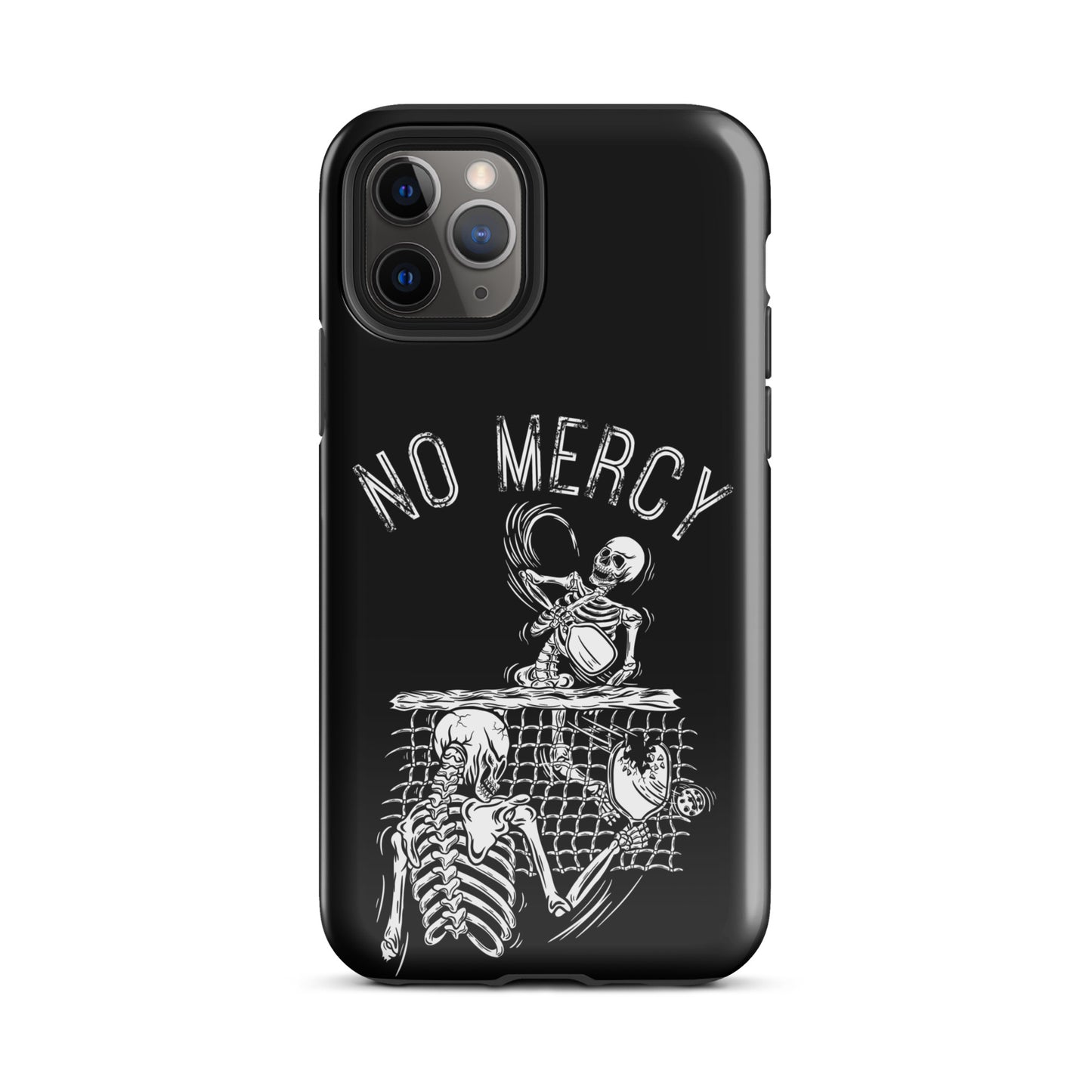 Pickleball iPhone case with skeleton design and 'No Mercy' text, perfect for aggressive players. Protects your phone on and off the court.