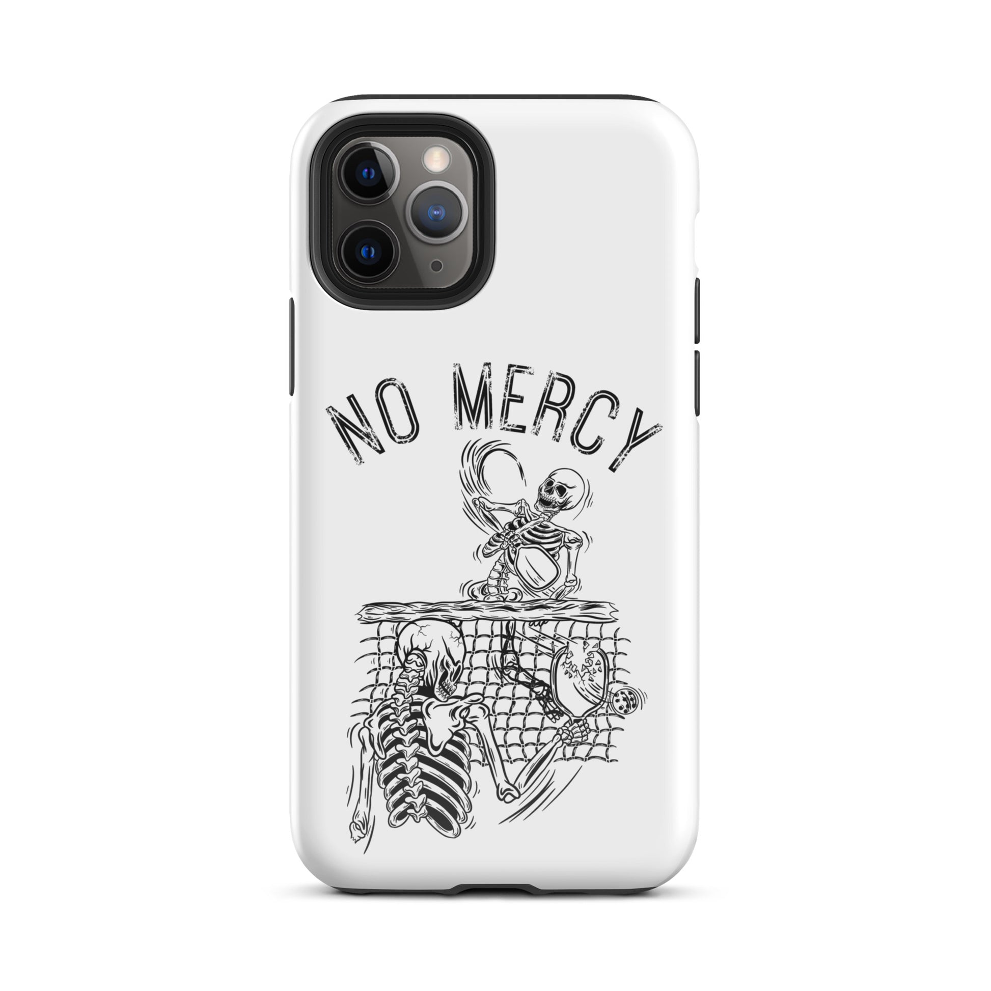 Pickleball iPhone case with "No Mercy" design featuring skeletons, perfect for aggressive players.
