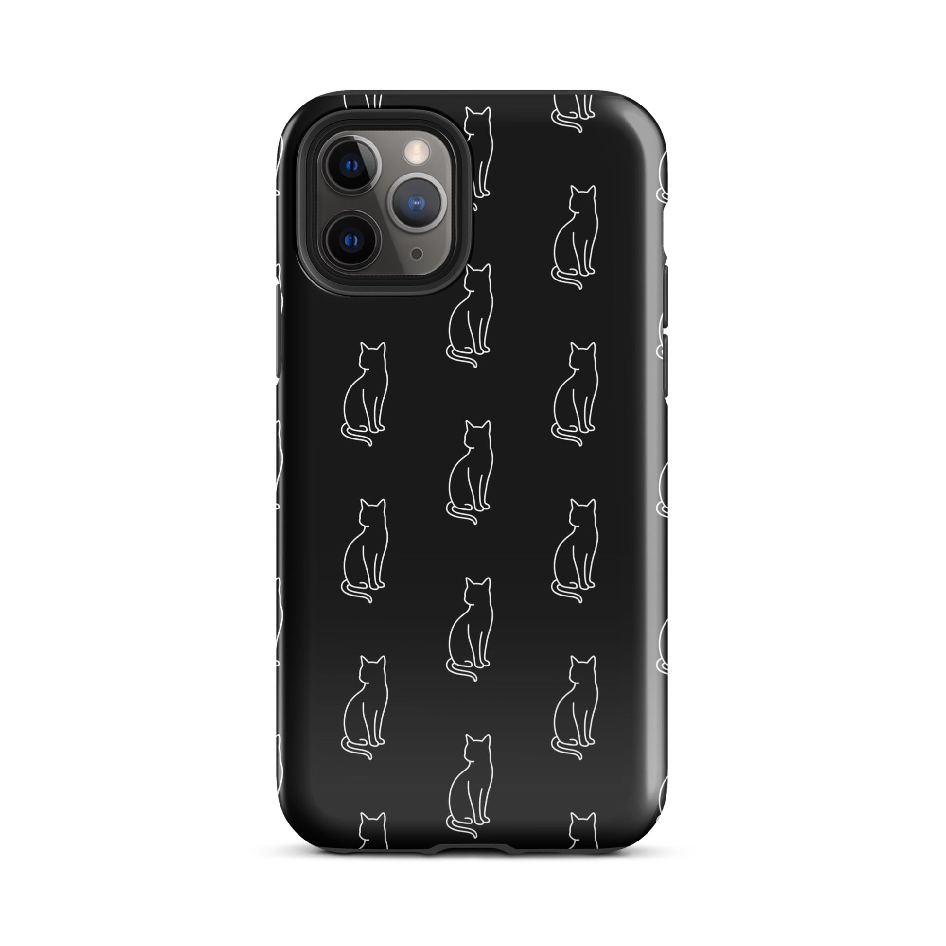 Phone Case for iPhone featuring minimalist sitting cat pattern on black background, perfect for feline fans and sleek style lovers