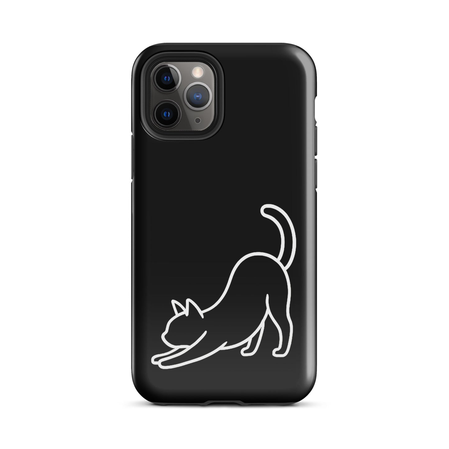 Phone Case with minimalist stretching cat design for iPhone, featuring sleek black protection with cat-loving aesthetics.