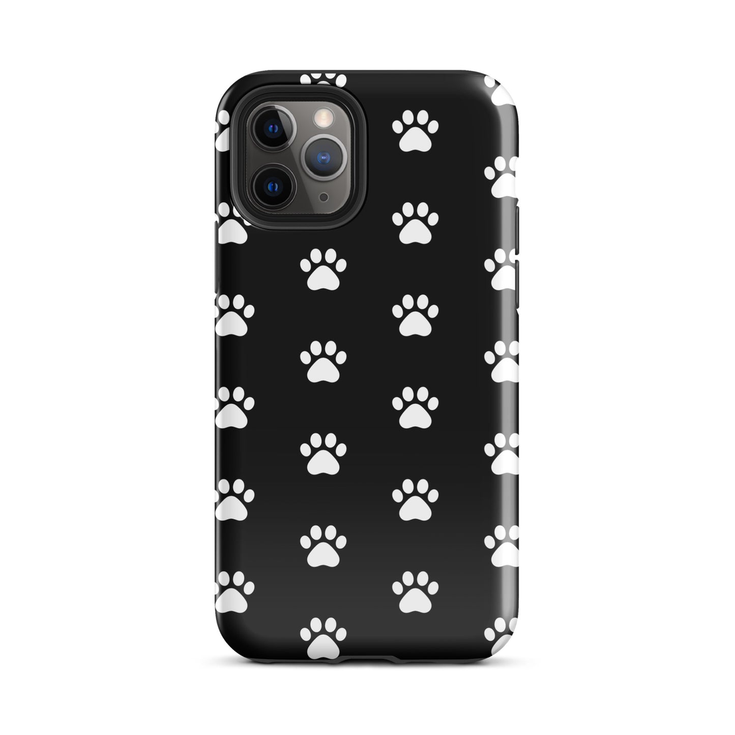Phone Case for iPhone with stylish paw print design for pet lovers, featuring minimalist white paw icons on a black background.