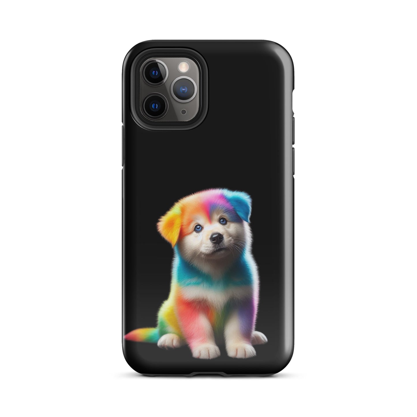 Phone Case with rainbow puppy design on dark night sky, vibrant colors and cosmic sparkle for iPhone protection.