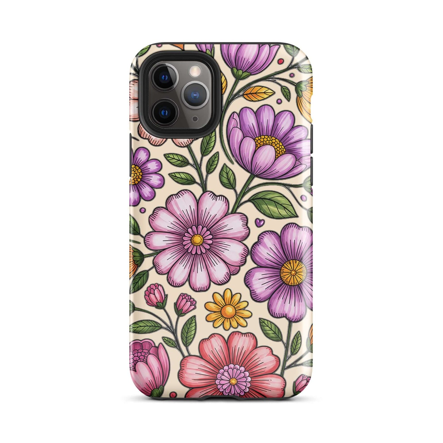 Phone Case with pastel floral design for iPhone, featuring soft pink and purple flowers on a durable polycarbonate shell.