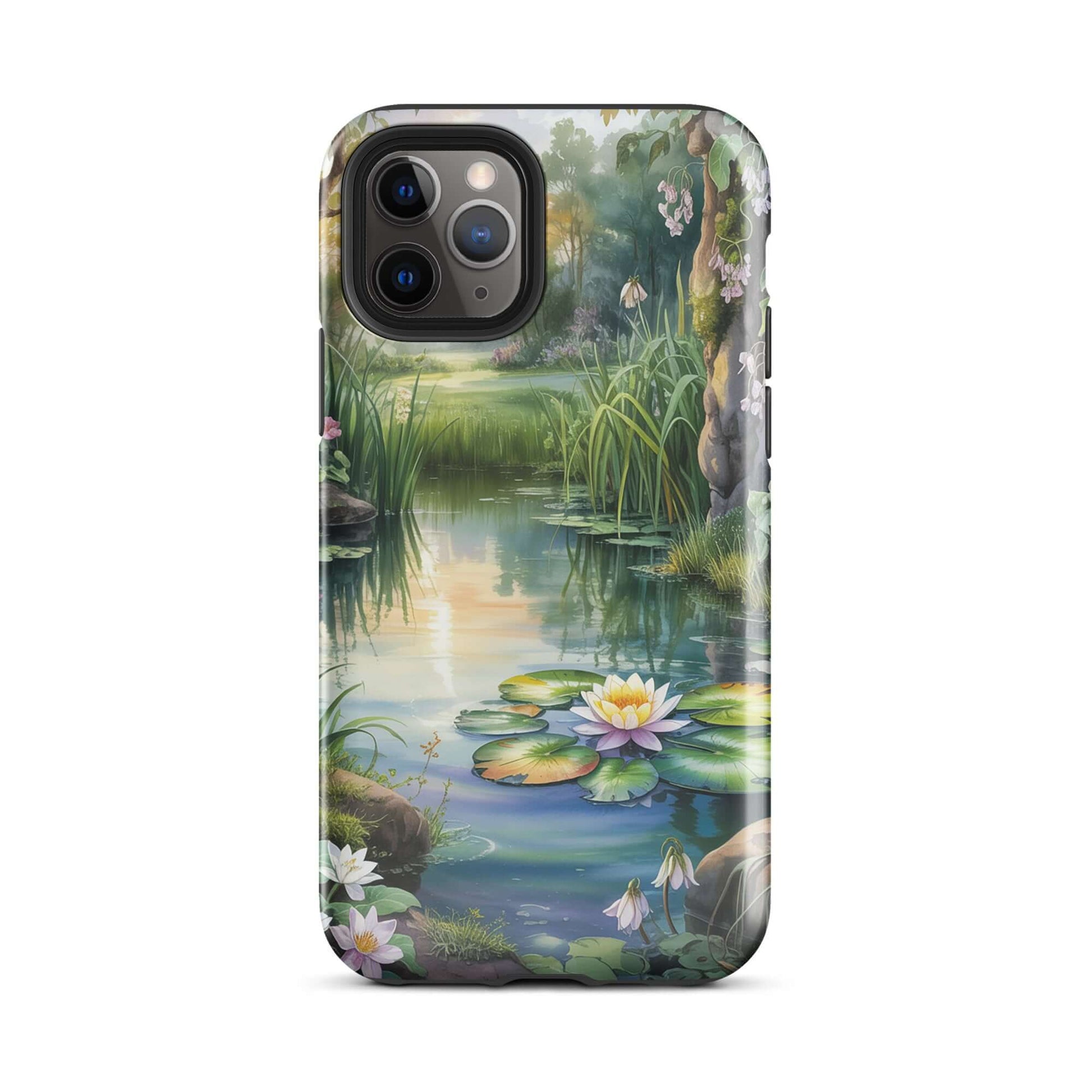 Phone Case for iPhone featuring Enchanted Pond design with serene lily pond, greenery, and sunset reflections.