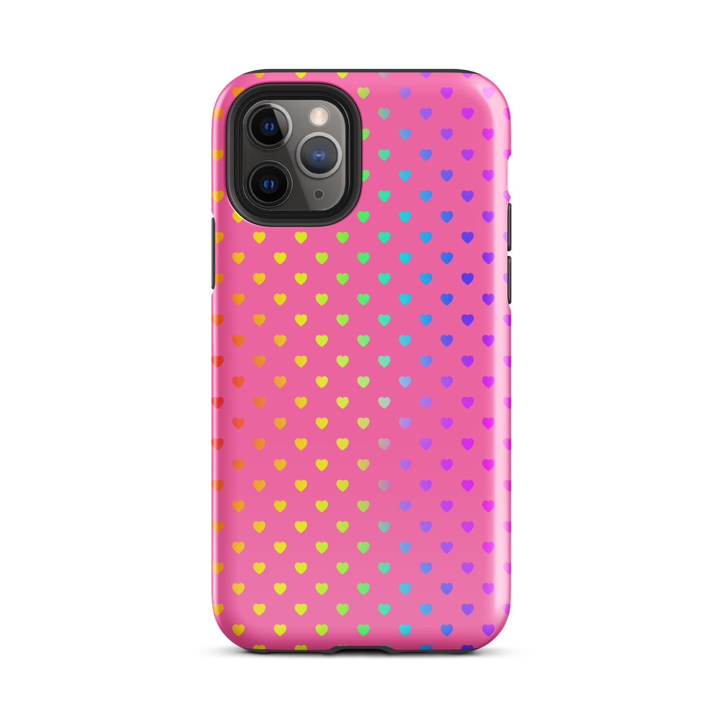 Phone Case for iPhone with cute rainbow hearts design on pink background