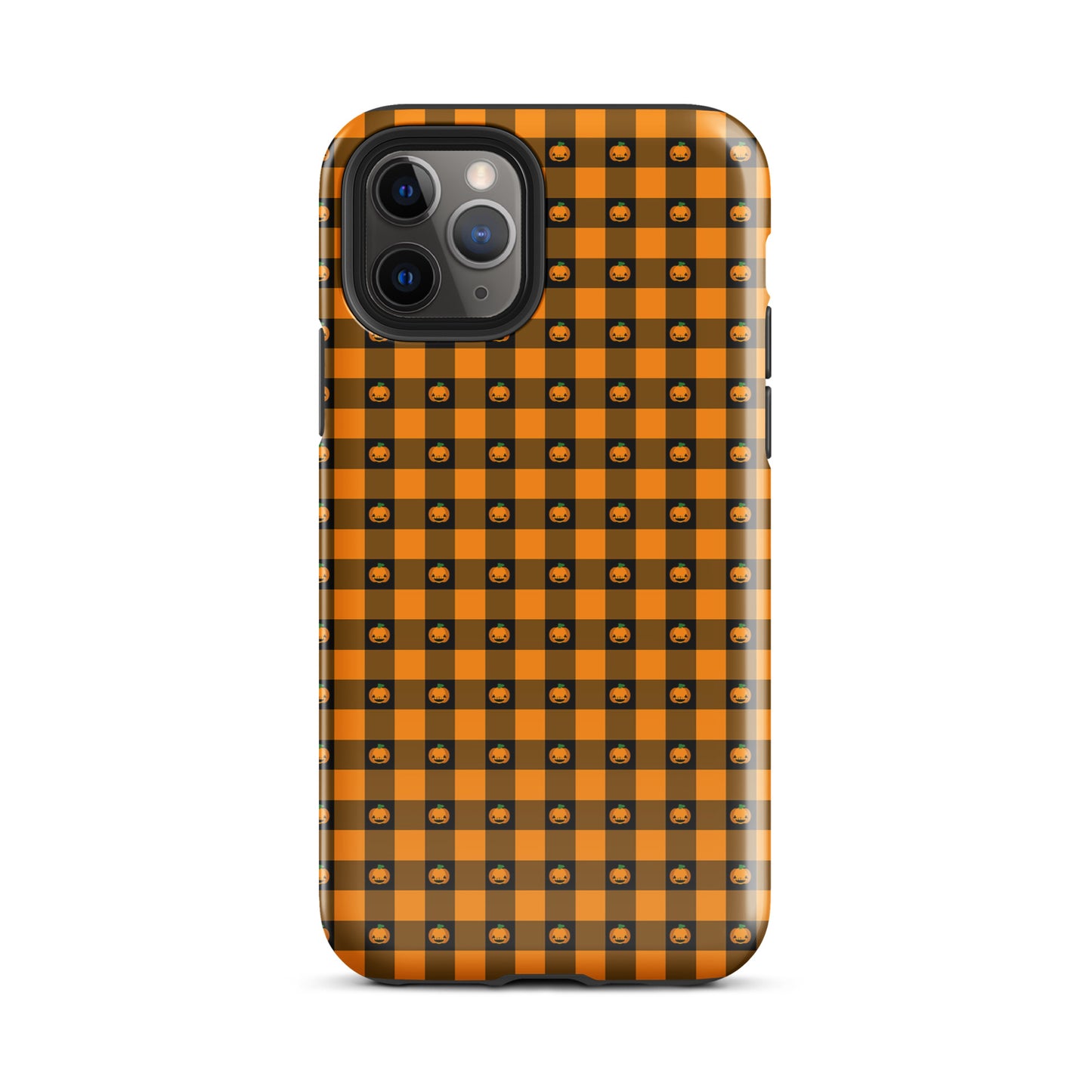 Phone Case for iPhone with playful pumpkin gingham Halloween design featuring cute jack-o’-lantern faces for festive charm.