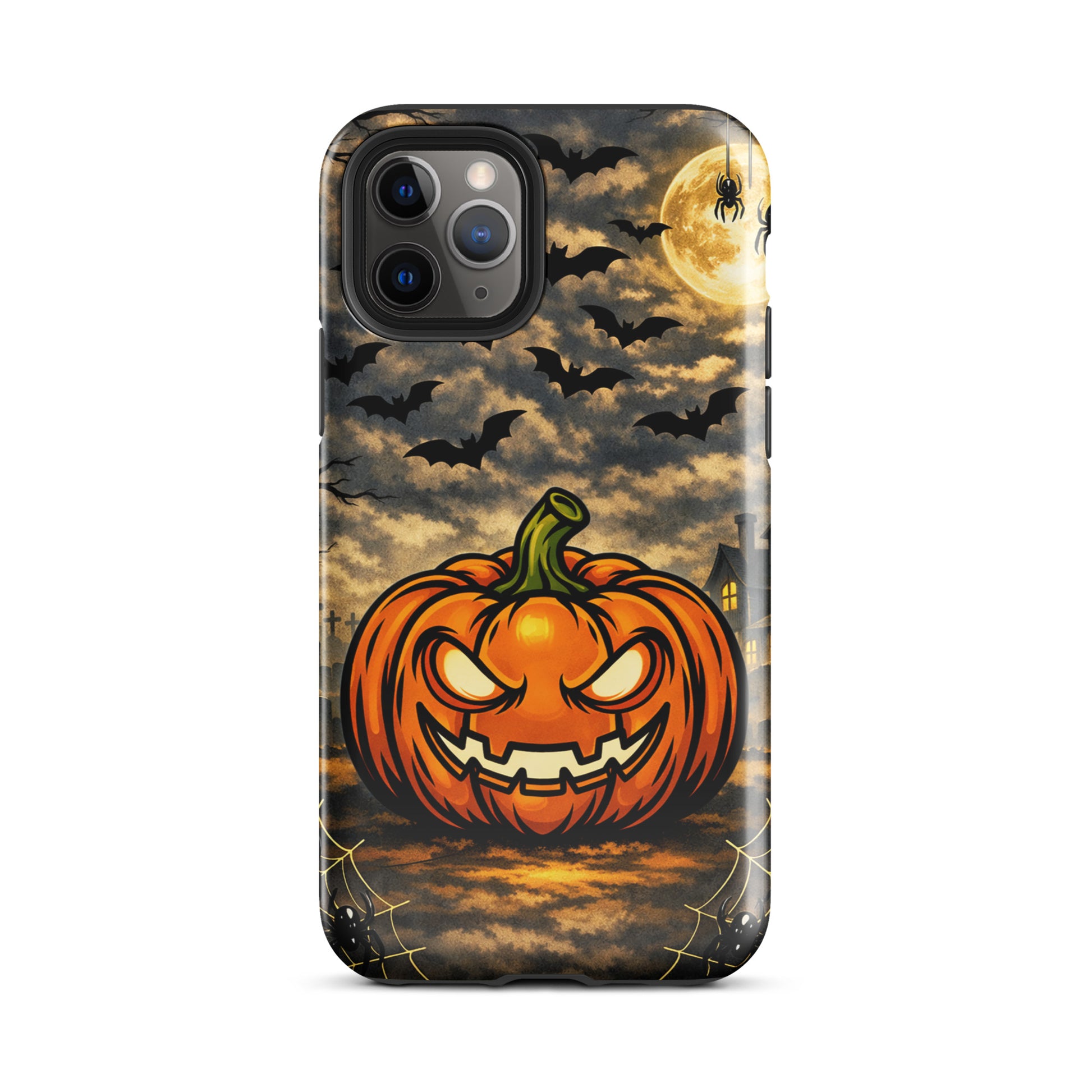 Phone Case featuring a Halloween scene with a glowing pumpkin, bats, moonlit clouds, and a haunted house, perfect for spooky style.