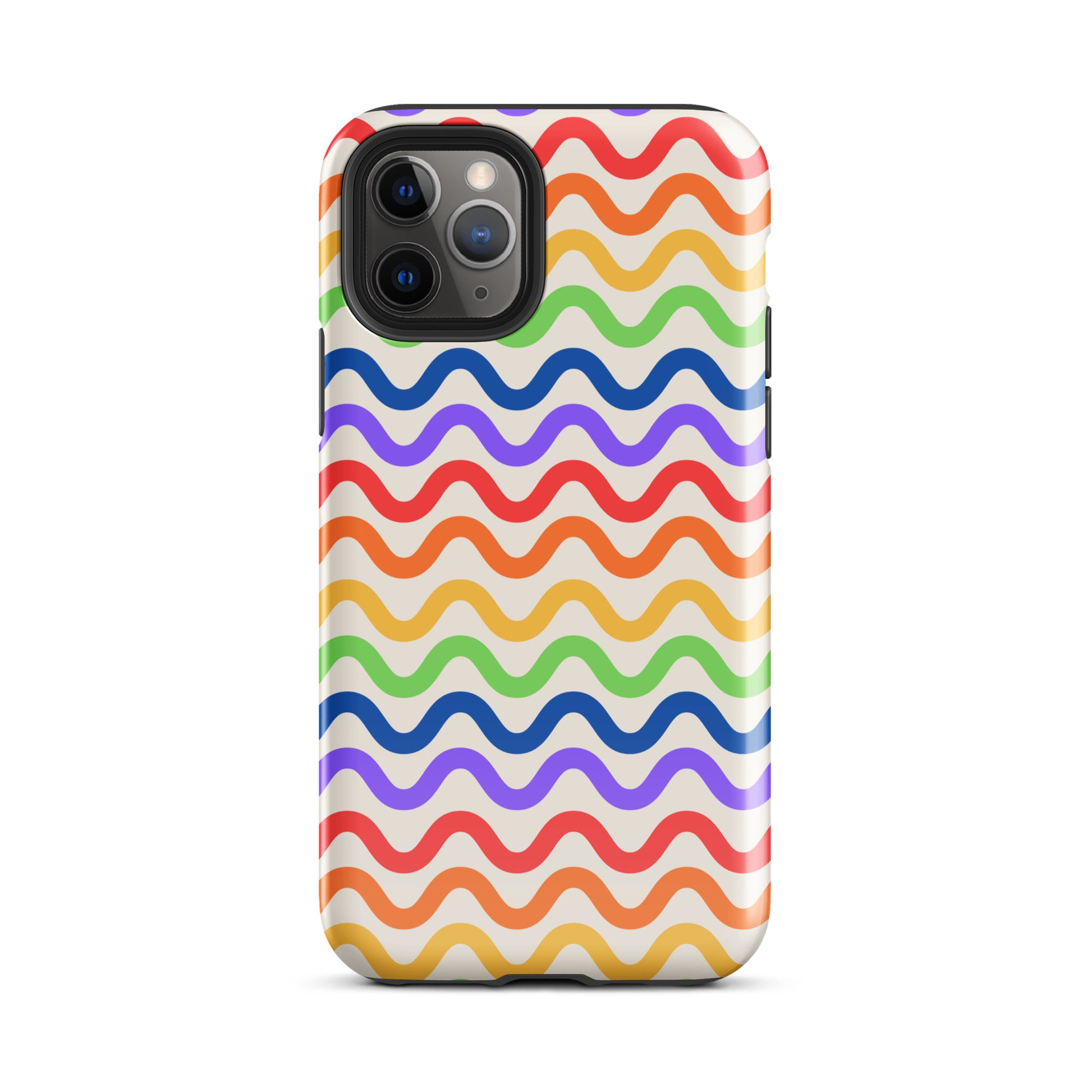 Phone Case for iPhone with wavy rainbow groove pattern in purple, red, orange, yellow, green, and blue on white background.