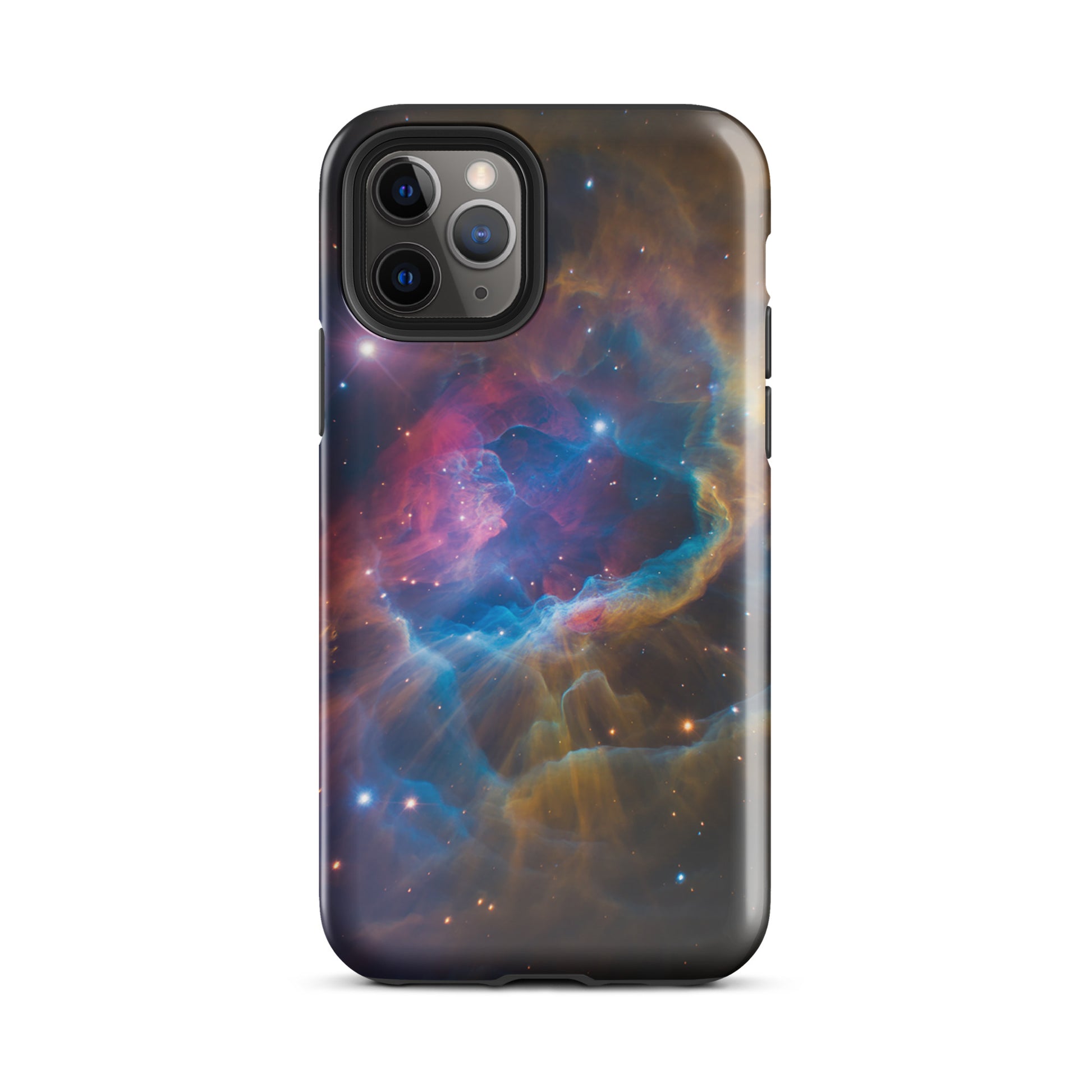 Phone Case for iPhone with nebula cosmic design featuring electric blues, fiery oranges, and dreamy pinks on a starry background