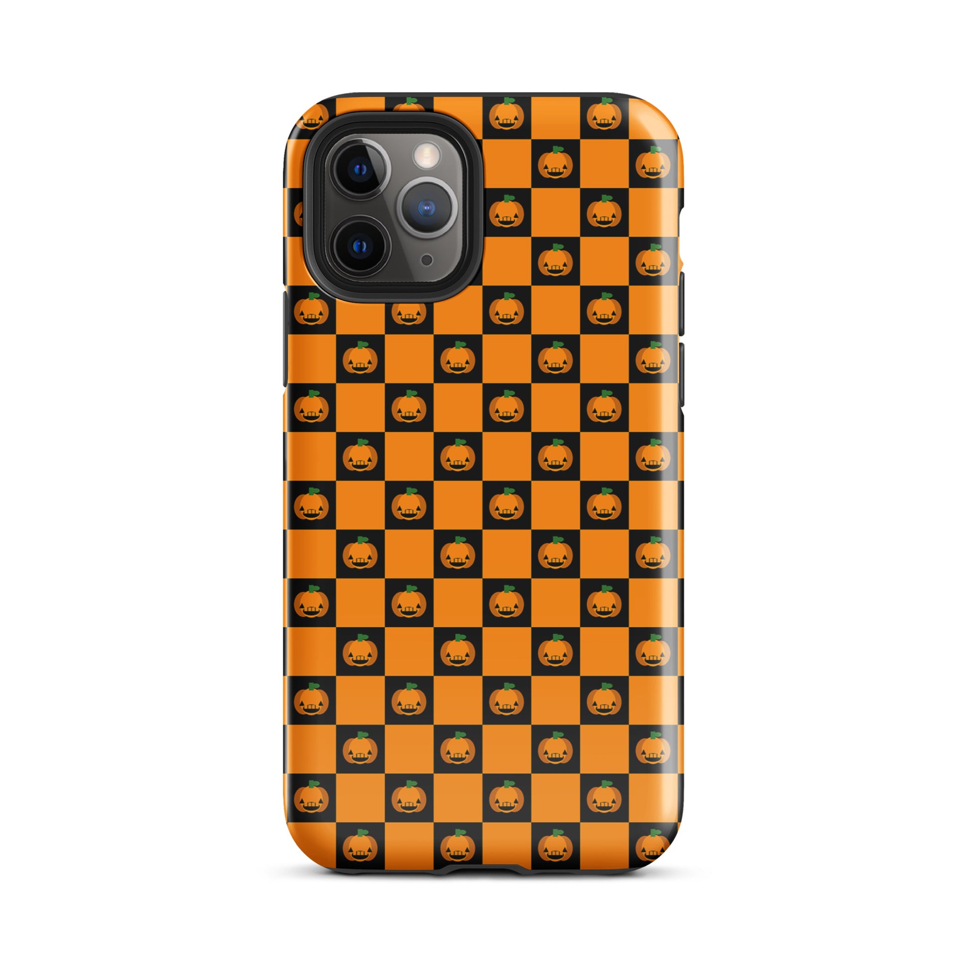 Phone Case for iPhone with a playful pumpkin checkered Halloween design featuring orange and black squares and jack-o'-lanterns.