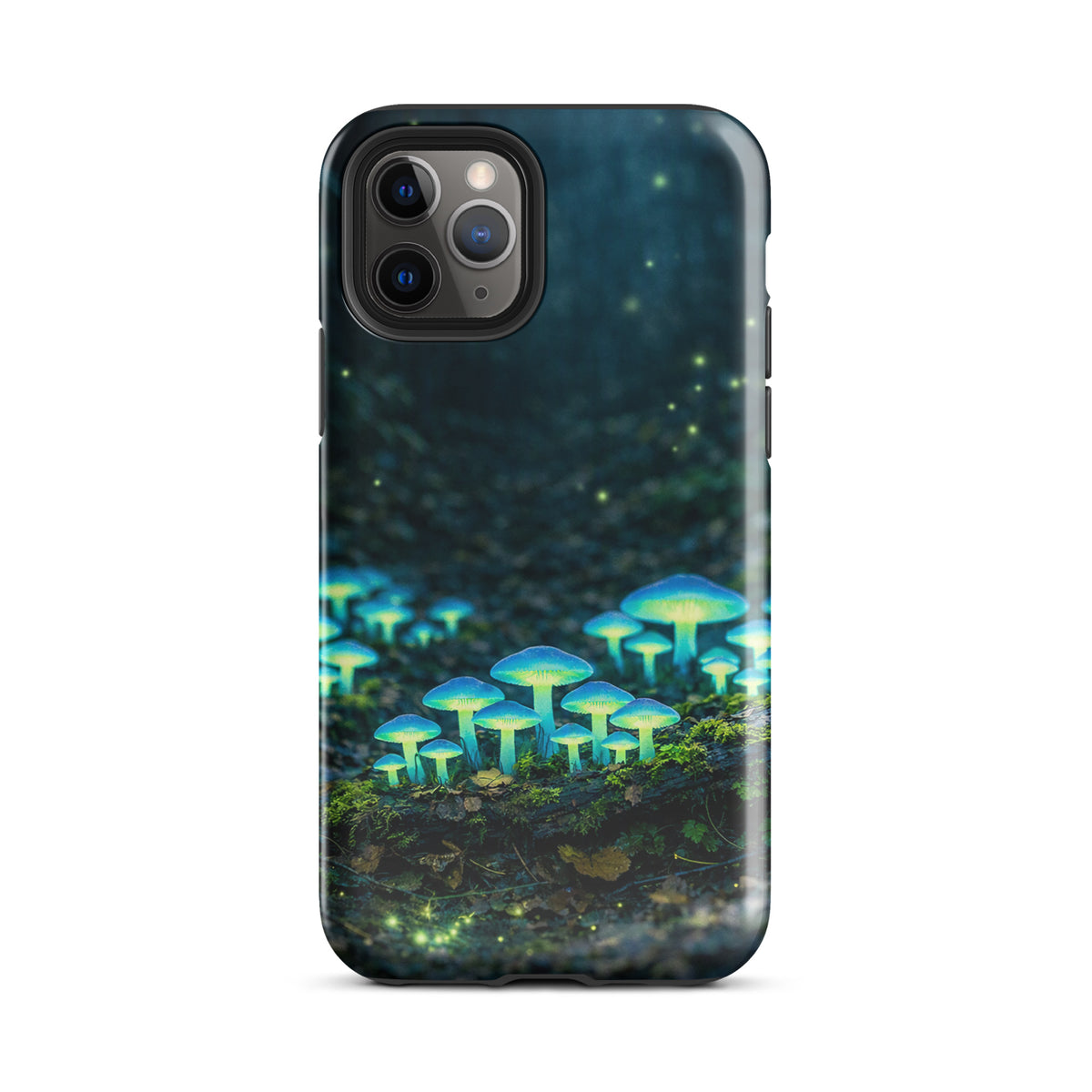 Phone Case with glowing forest mushrooms for iPhone, featuring dreamy bioluminescent design with ethereal blue-green hues.