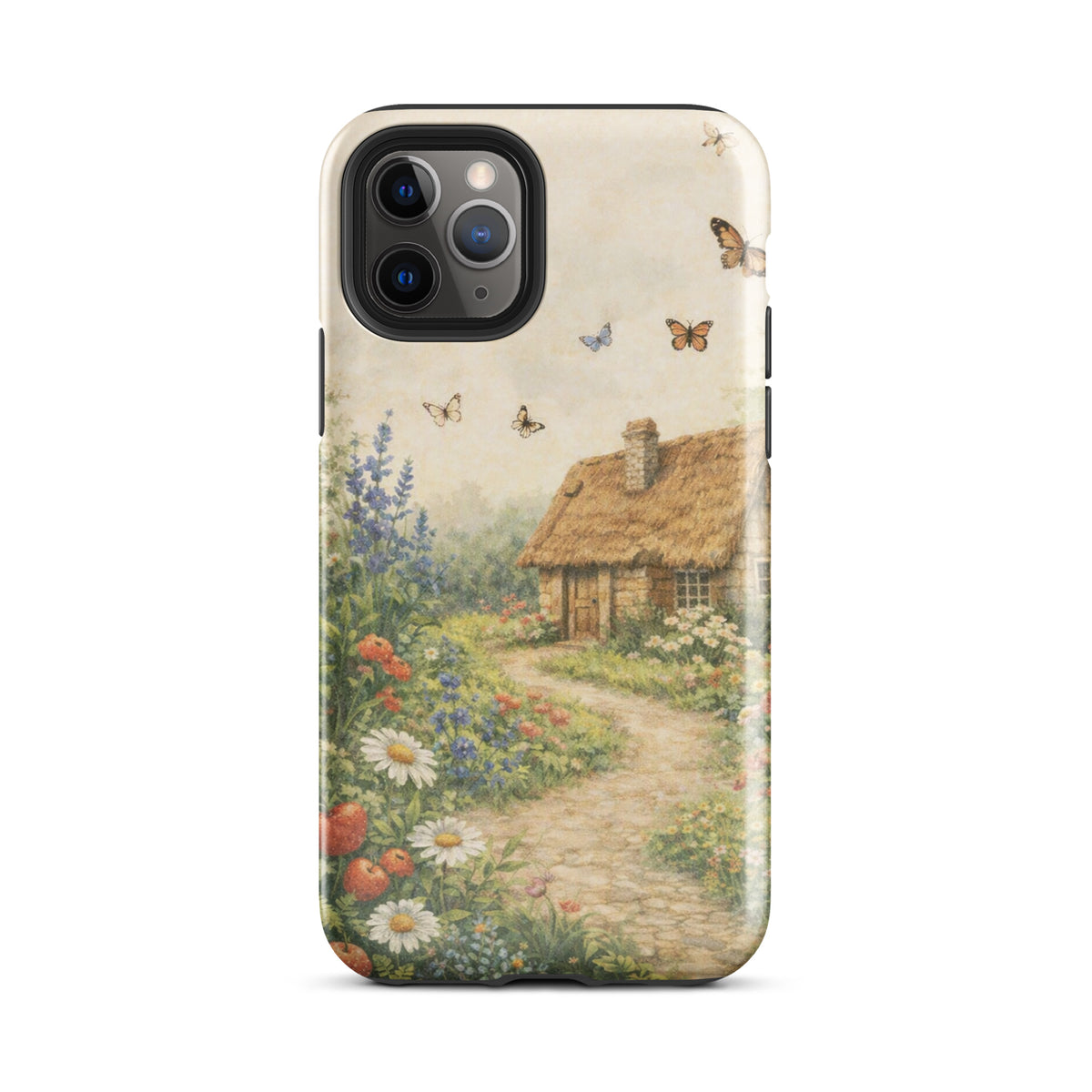 Phone Case with cottage garden art design for iPhone featuring a stone cottage and vibrant flowers on a soft cream background.