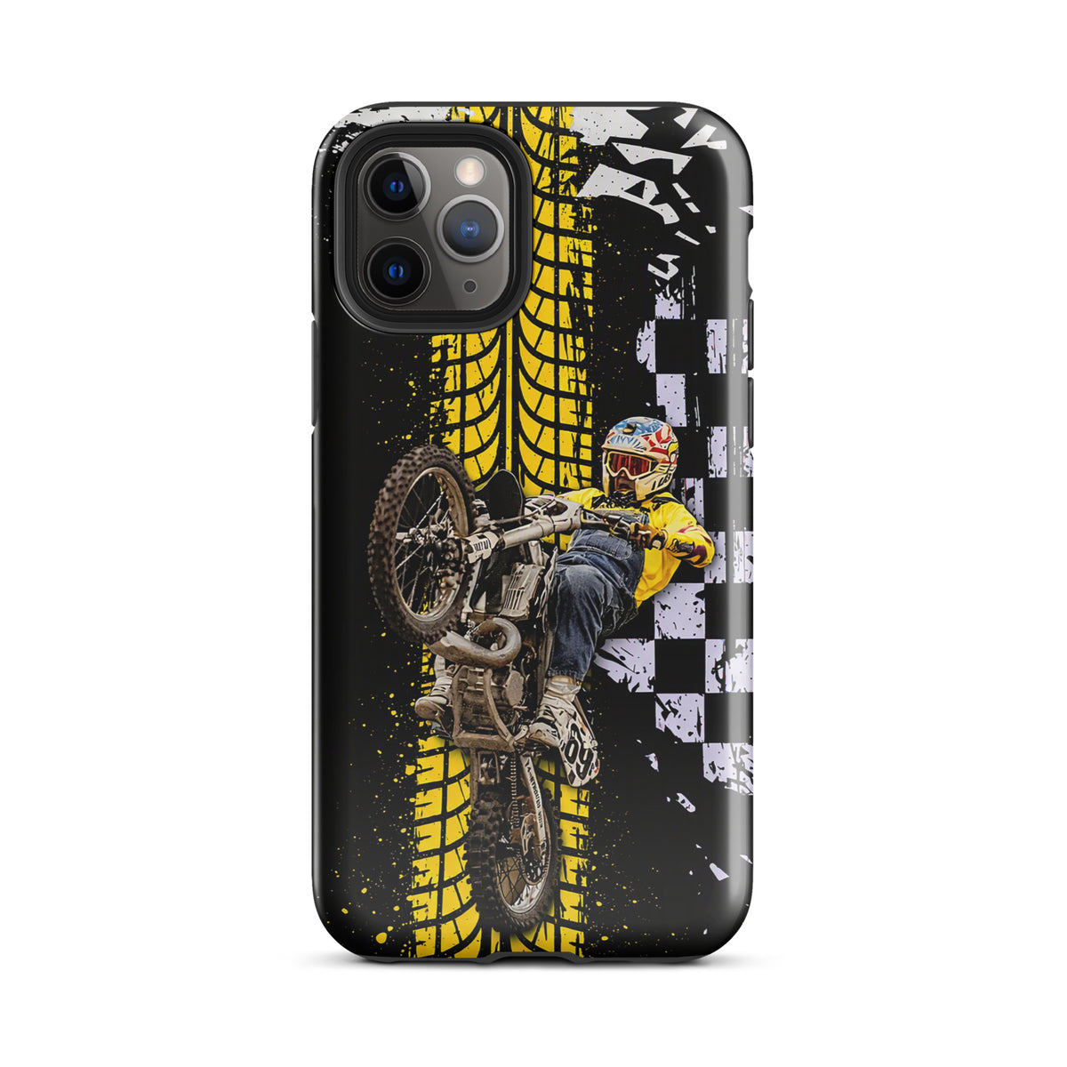 Phone Case for iPhone featuring Ronnie Mac air-wheelie design with black, white, and yellow motocross art and checkered pattern.